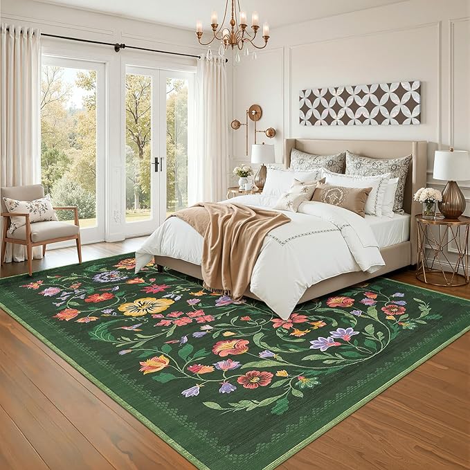 Washable Rug 8x10 Area Rugs for Living Room, Protea Floral Rug for Bedroom, Soft Vintage Non Slip Throw Rugs with Rubber Back, Low Pile Stain Resistant Boho Floral Carpet for Dining Room, Forest Green