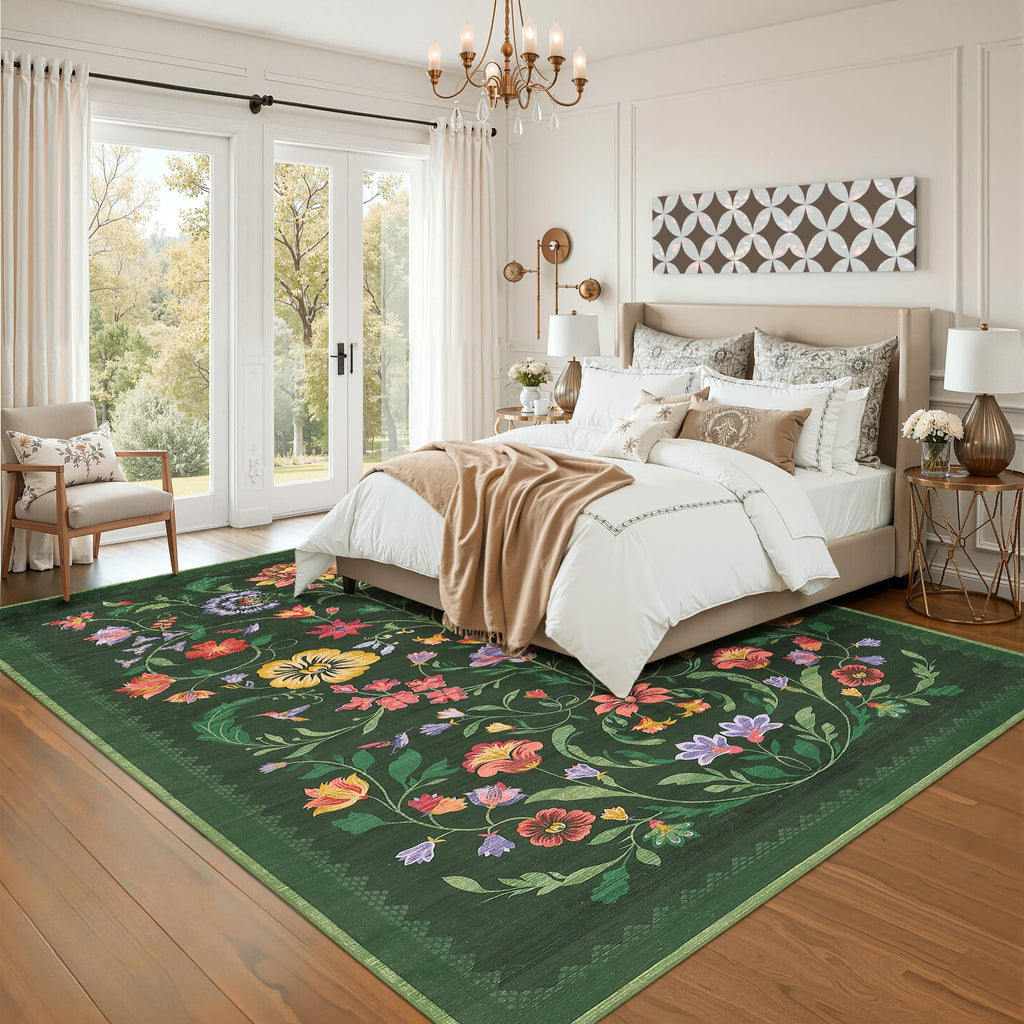 GarveeHome Washable Rug 4x6 Area Rugs for Living Room, Floral Rug for Bedroom, Soft Boho Non Slip Throw Rugs with Rubber Back, Low Pile Stain Resistant Vintage Floral Carpet for Dining Room, Green