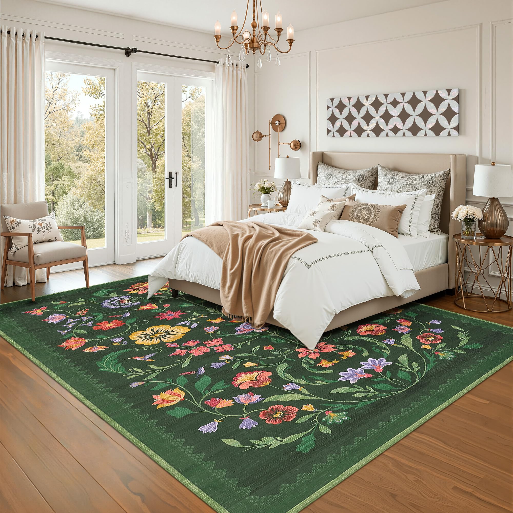 Washable Rug 8x10 Area Rugs for Living Room, Protea Floral Rug for Bedroom, Soft Vintage Non Slip Throw Rugs with Rubber Back, Low Pile Stain Resistant Boho Floral Carpet for Dining Room, Forest Green