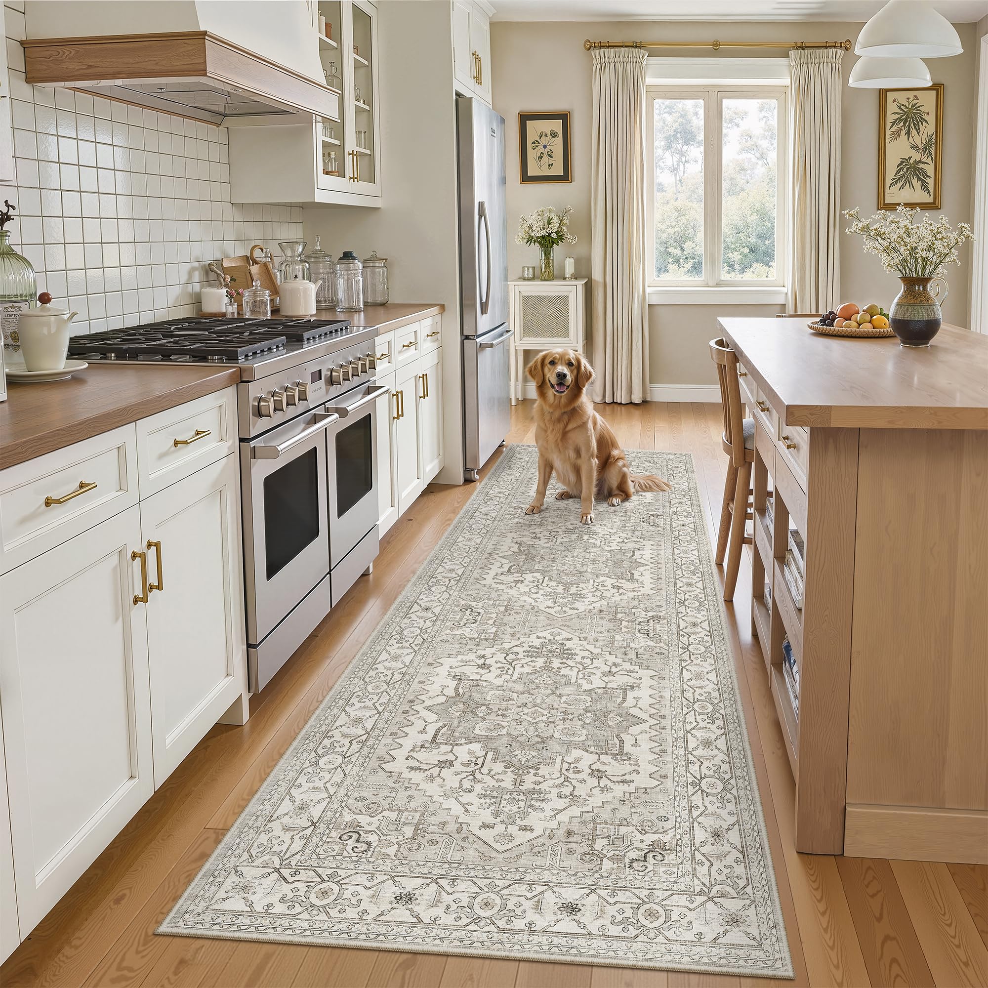 Madane Kitchen Runner 2'6''x8' Soft Rug Runners for Hallways, Beige/Brown