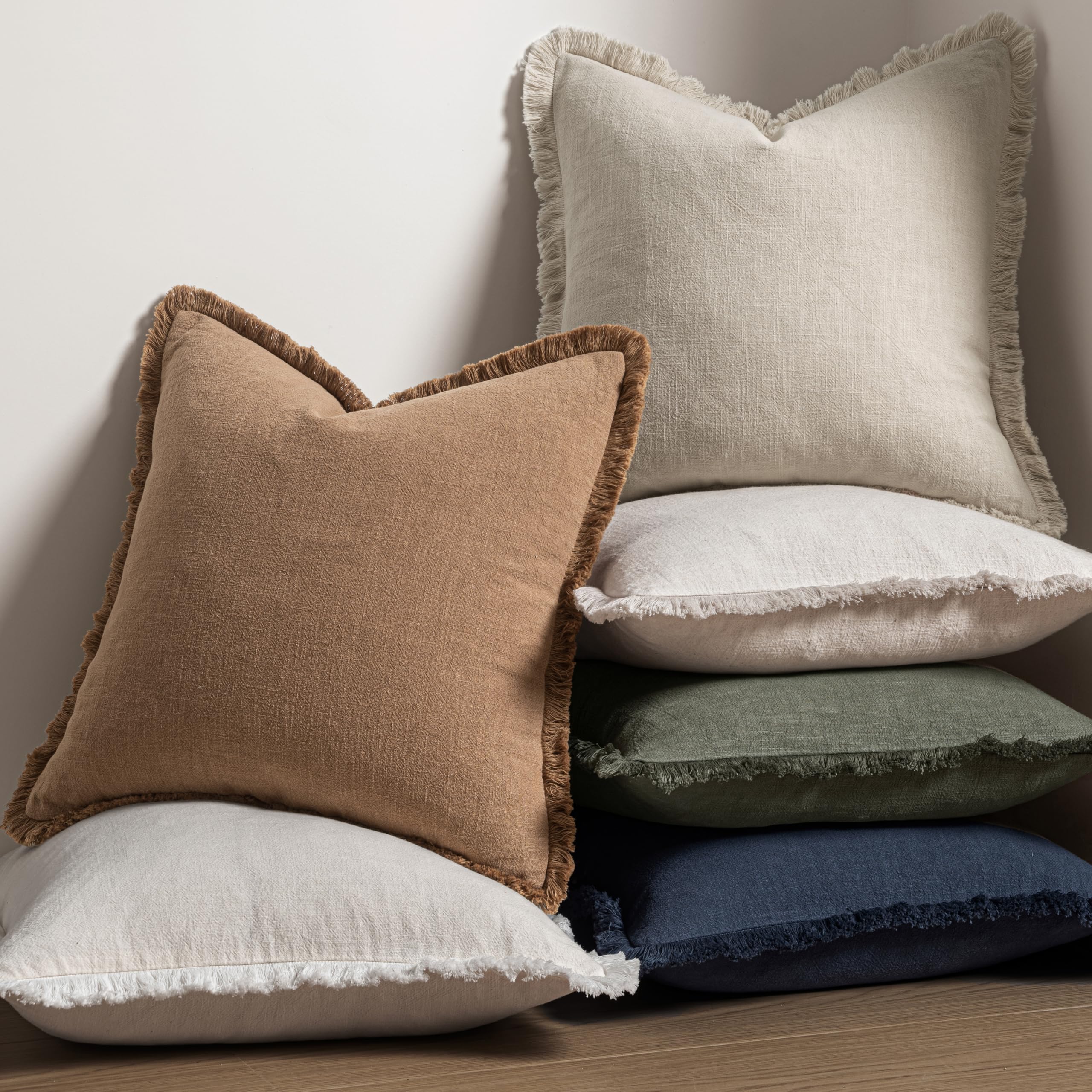 MIULEE Linen Fringe Decorative Throw Pillow Covers Light Olive Green 18x18