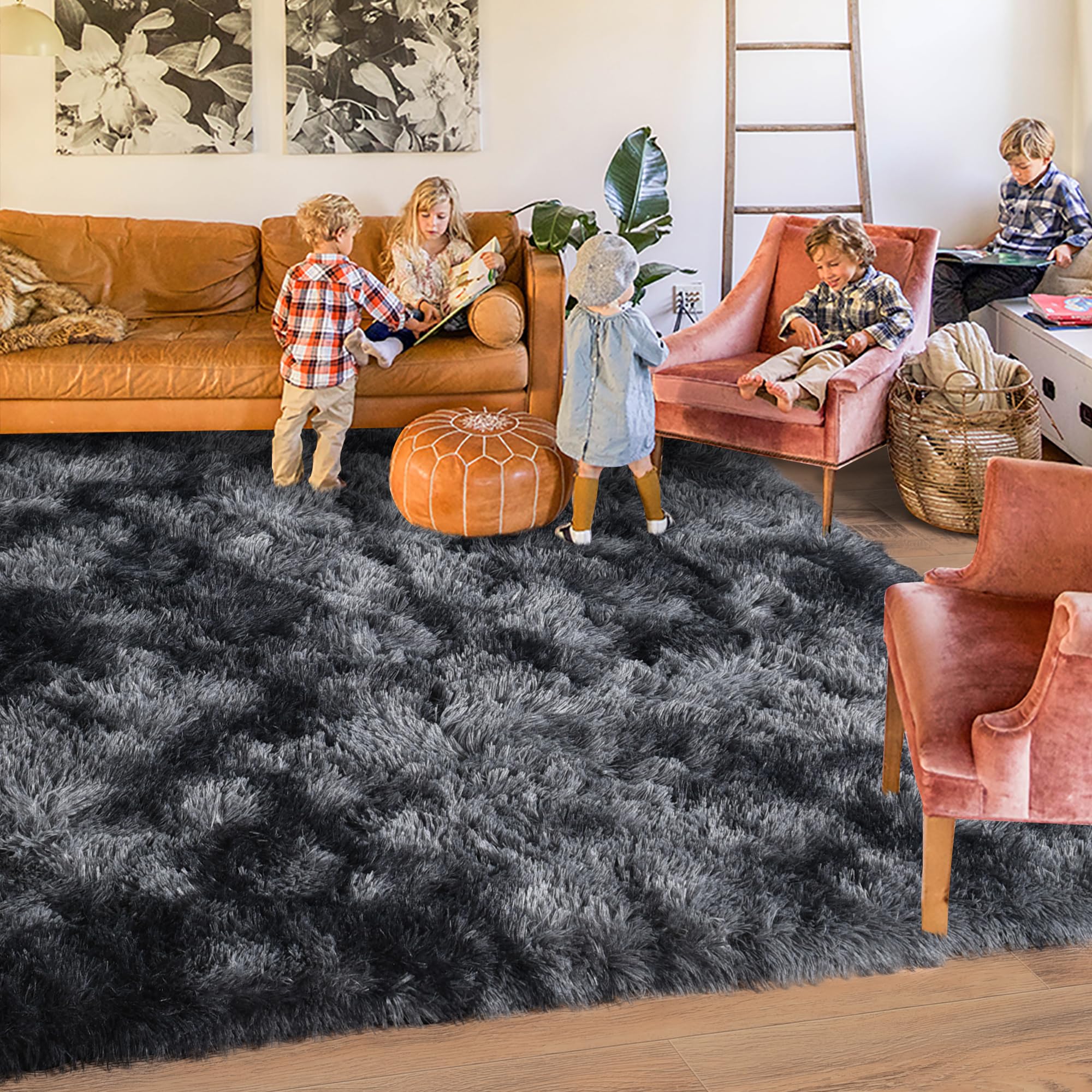 Quntue Rugs for Living Room 5x7, Soft Shaggy Modern Shag Area Rug for Bedroom, Upgrade Non-Slip Plush Fluffy Carpet for Kids Boys Girls Room Home Decor Aesthetic, Dark Grey