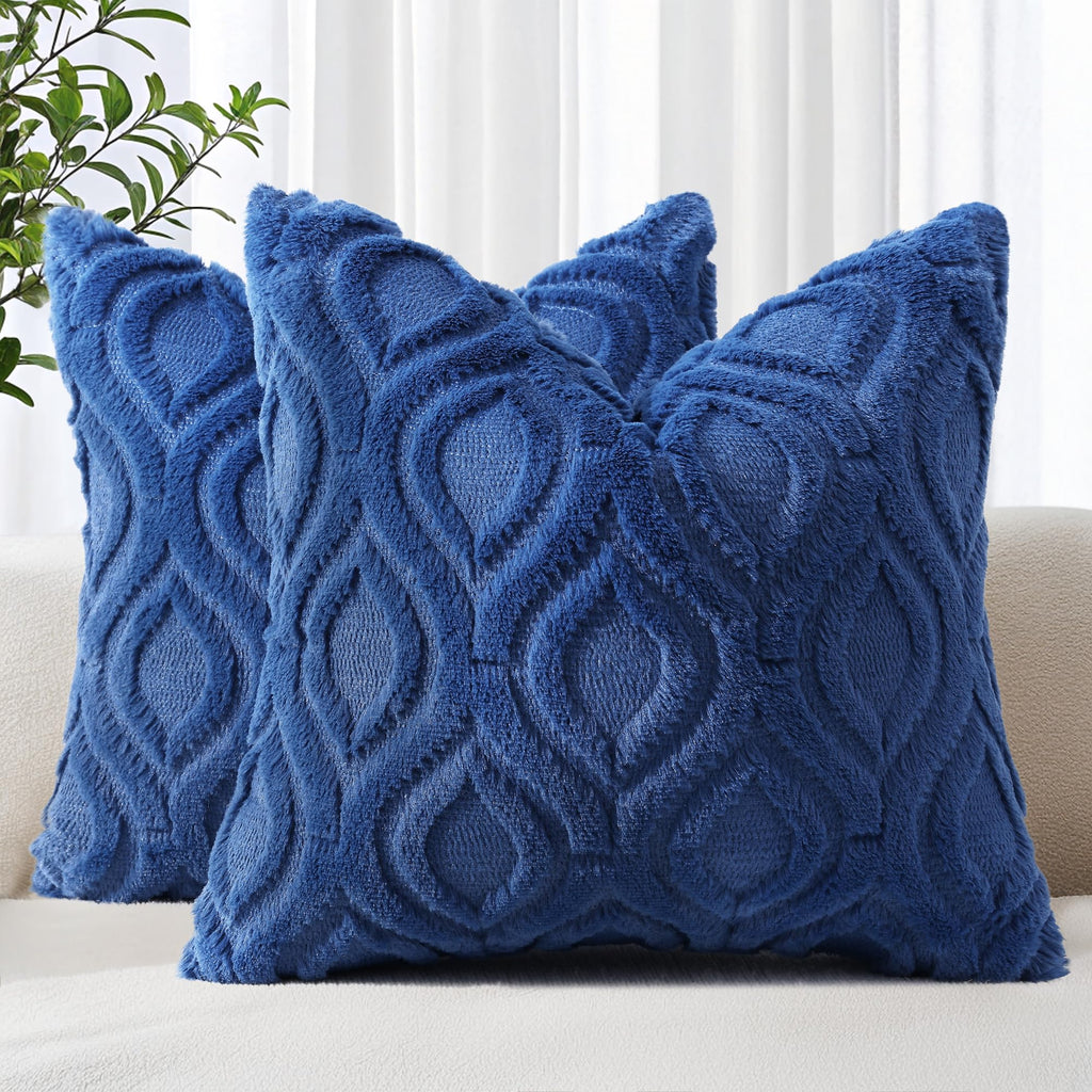 decorUhome Faux Fur Plush Soft Dark Blue Throw Pillow Covers 22x22 Set of 2