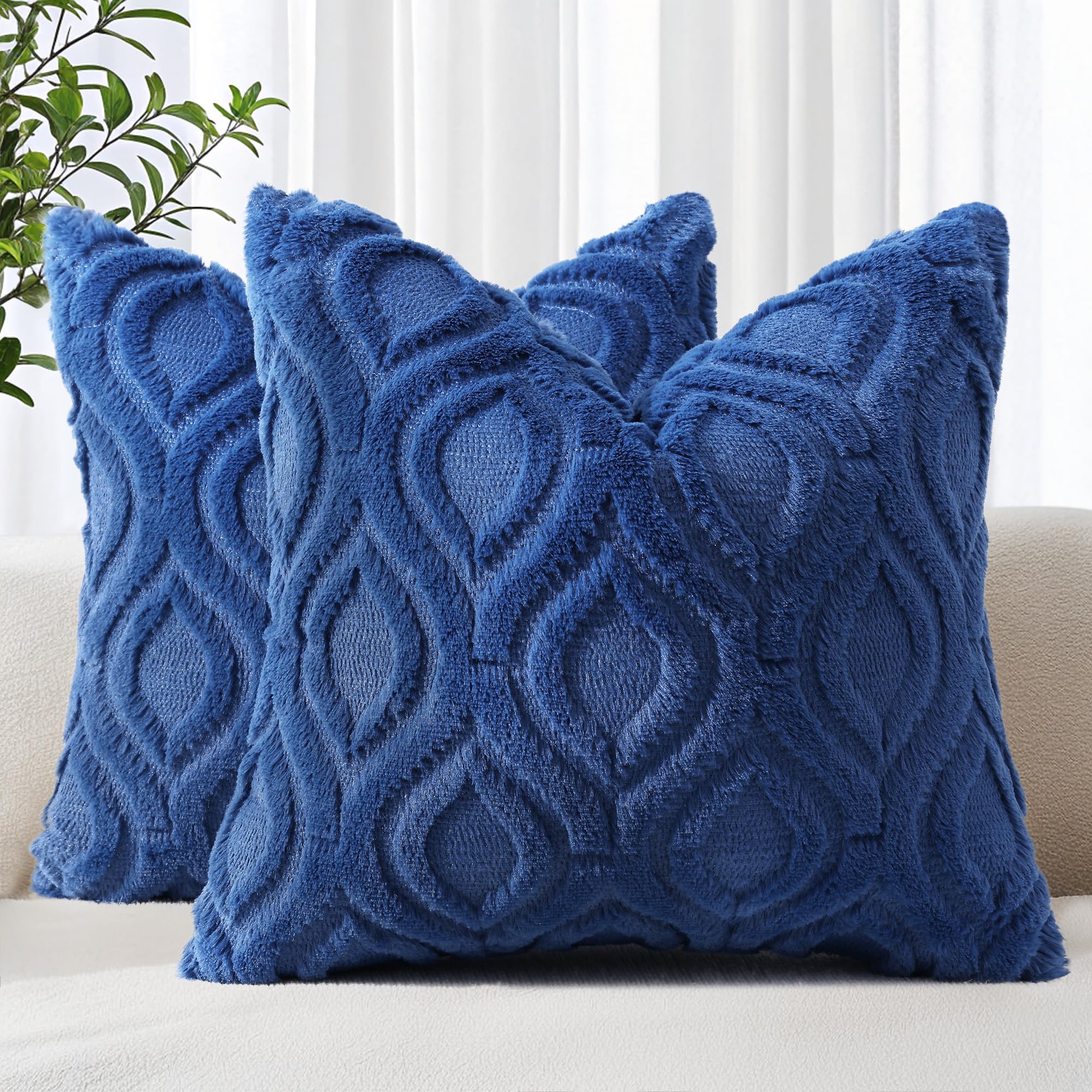 decorUhome Faux Fur Plush Soft Dark Blue Throw Pillow Covers 22x22 Set of 2