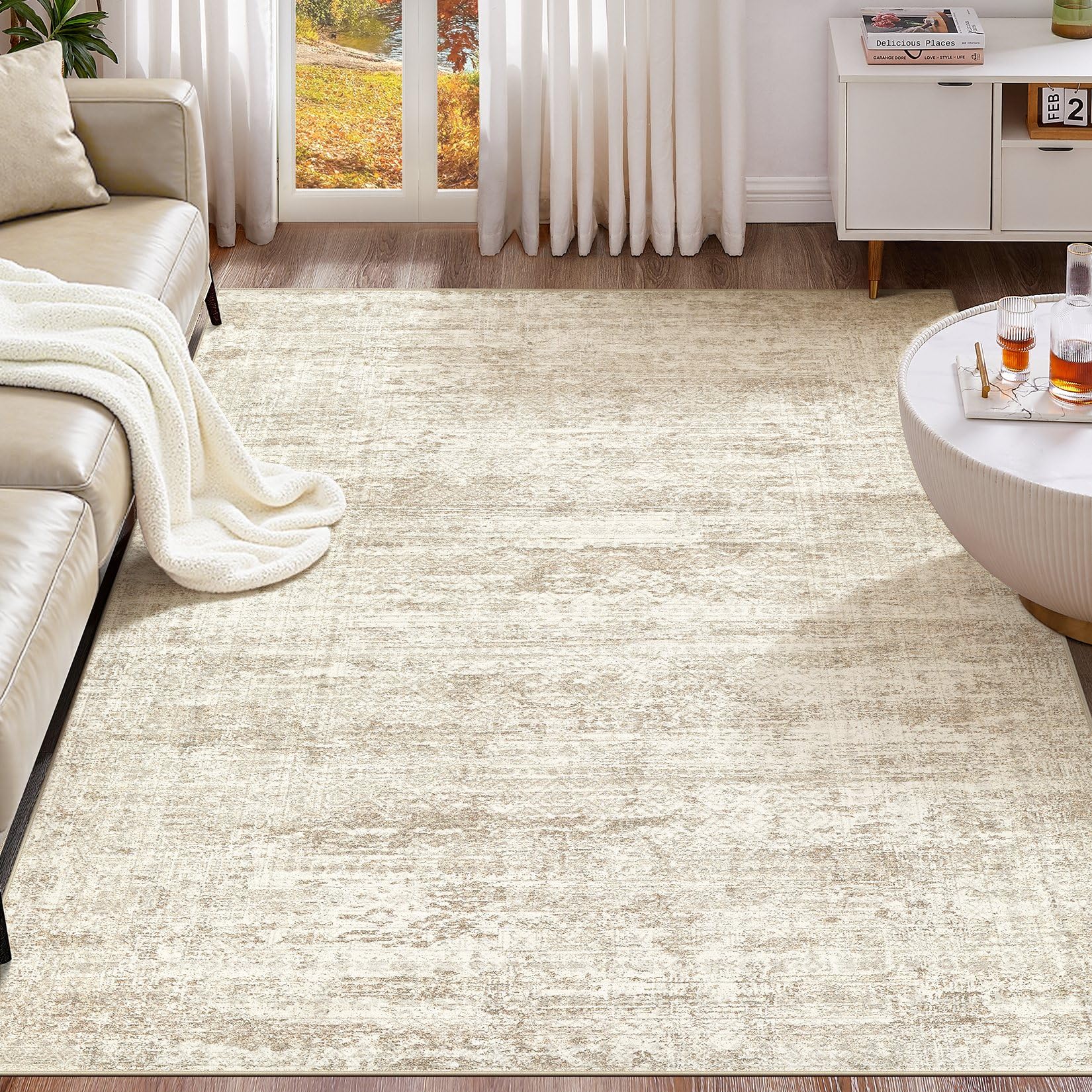 UERMEI 10x12 Area Rug Living Room Rugs - Washable Neutral Modern Abstract Soft Thin Rug Indoor Floor No Slip Rug Carpet for Bedroom Under Dining Table Home Office Decor - Beige/Brown