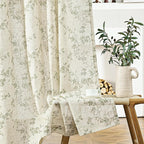 Lazzzy 90 inch Long Curtain for Bedroom Green Floral Linen Drapes for Living Room Farmhouse Country Vintage Light Filtering Curtains Rod Pocket Back Tab, 2 Panels, Green on Beige