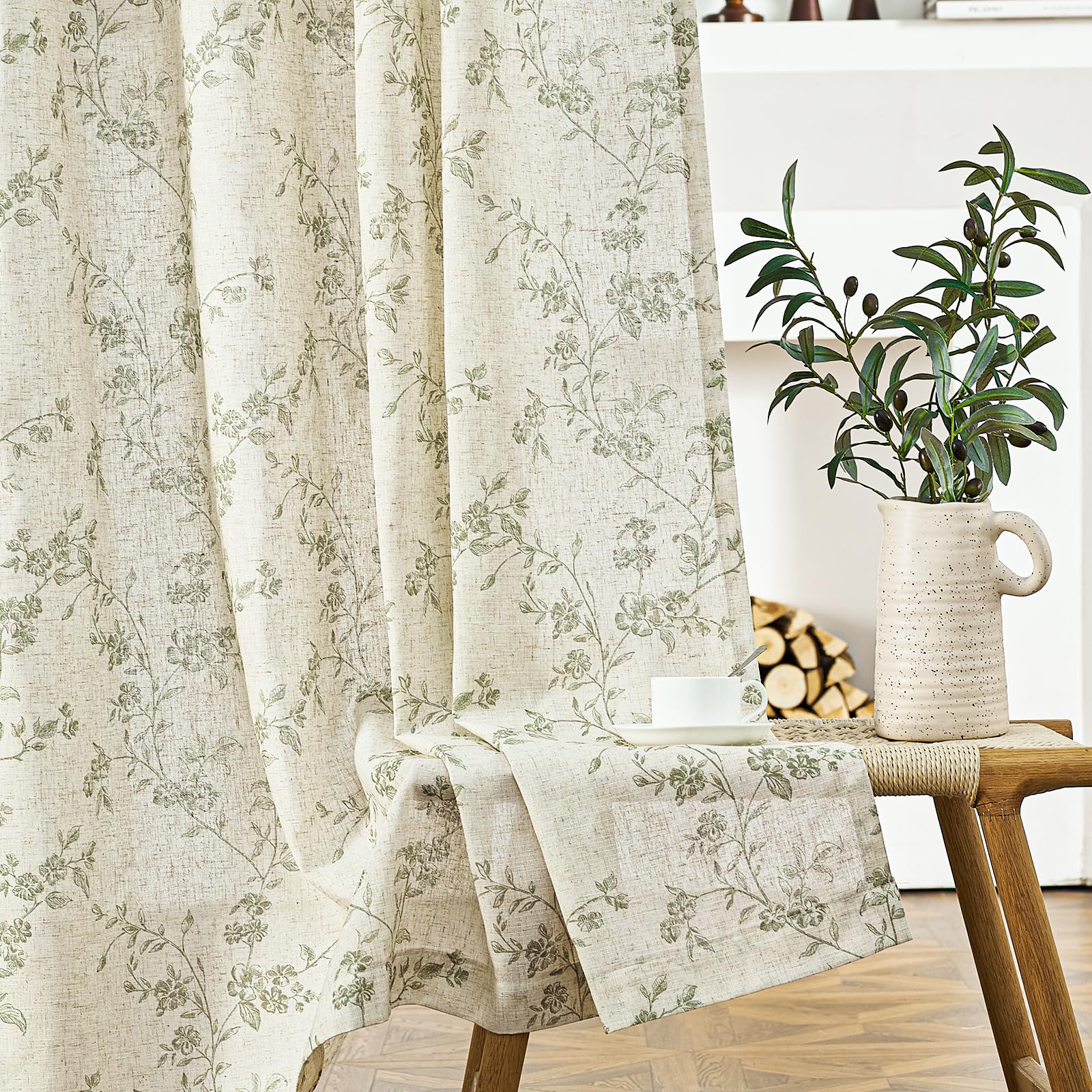 Lazzzy Green Vintage Floral Linen Curtains Farmhouse 50W X 90L 2 Panels