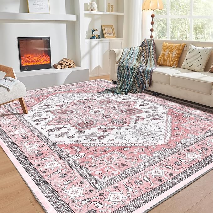 OPPODREAM Soft Area Rugs 3x5, Washable Rugs with Non Slip Backing, Low-Pile Throw 3x5 Carpet, Faux Cashmere 3 x 5 Carpet, Pink & Cream