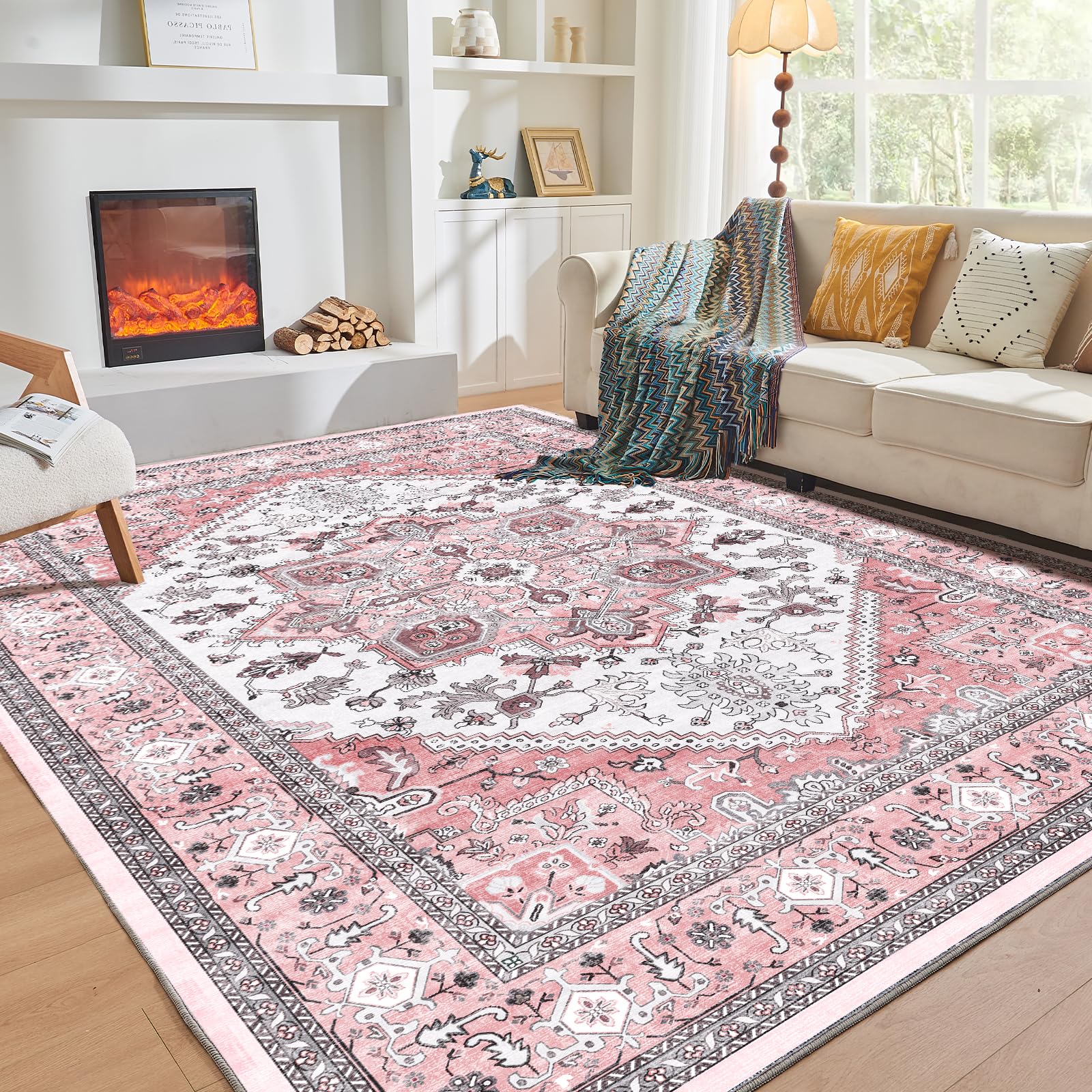 OPPODREAM Soft Area Rugs 4x6, Persian-Inspired Washable Rug, Pink