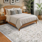 Hazo Haus Boho Light Grey Living Room Rug 8x10 - Modern Vintage Eclectic Floral Pastel Neutral Taupe, Washable Low Pile Non-Slip Extra Large Area Rugs for Dining Under Table Bedroom Lounge