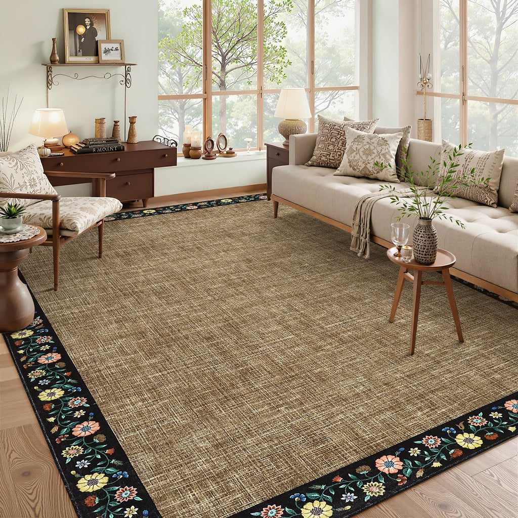 GarveeHome Washable Rugs for Living ROM 8 x 10 Large Area Rug Farmhouse Floral Bordered Bedroom Carpet Indoor Non-Slip Nursery Mat Soft Non Shedding Stain Resistant Carpet for Dining Room, Brown