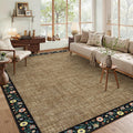 GarveeHome Washable Rugs for Living ROM 8 x 10 Large Area Rug Farmhouse Floral Bordered Bedroom Carpet Indoor Non-Slip Nursery Mat Soft Non Shedding Stain Resistant Carpet for Dining Room, Brown