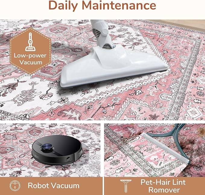 OPPODREAM Soft Area Rugs 4x6, Low-Pile Washable Rugs 4x6 with Non Slip Backing, Faux Cashmere 4 x 6 Throw Carpet, Pink & Cream
