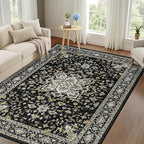 4x6 Area Rugs for Living Room: Washable Rug Soft Vintage Boho Medallion Carpet Indoor Non-Slip Stain Resistant Large Carpets for Bedroom Dining Room Farmhouse Nursery Home Office Black Gold