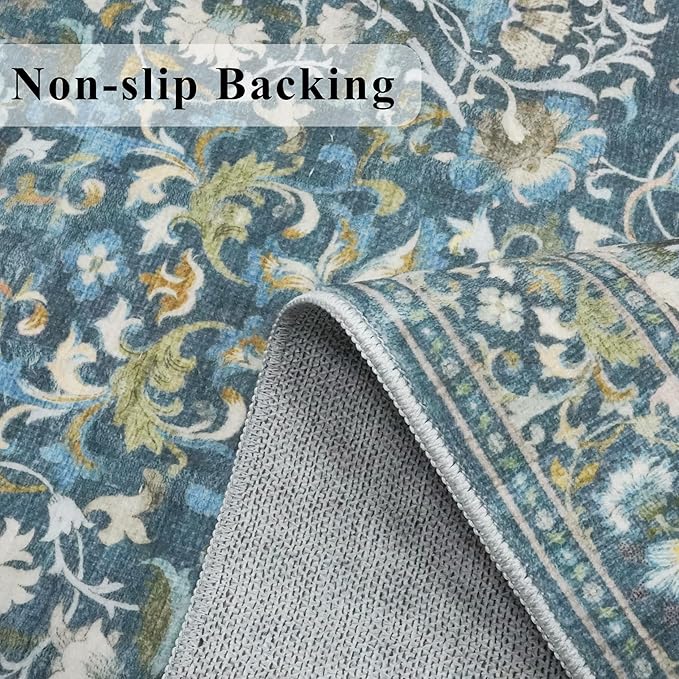 Washable 2x3 Runner Rug for Entryway: Easy-Clean Carpet with Non-Slip Backing for Bedroom Kitchen Stain-Resistant Shedding-Free Floor Mat – Perfect for High-Traffic Areas with Pets (2x3,Floral/Blue)