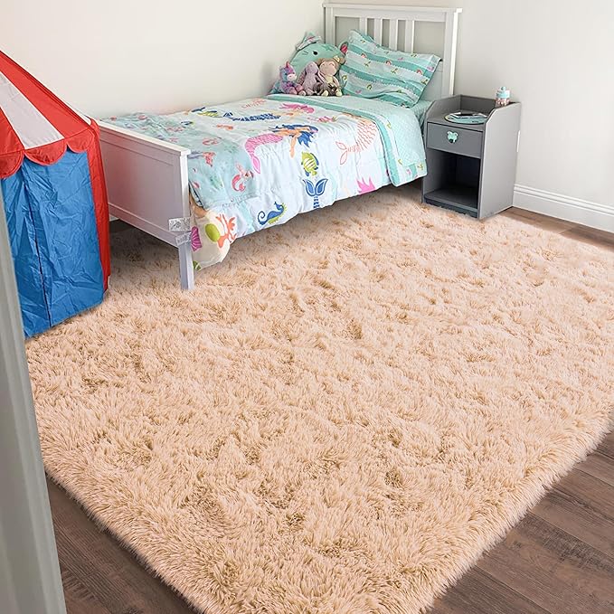 Quntue Camel Rugs for Bedroom, Soft Shaggy Modern Shag 4x6 Area Rug for Living Room, Upgrade Non-Slip Plush Fluffy Carpet for Kids Boys Girls Room Home Decor Aesthetic