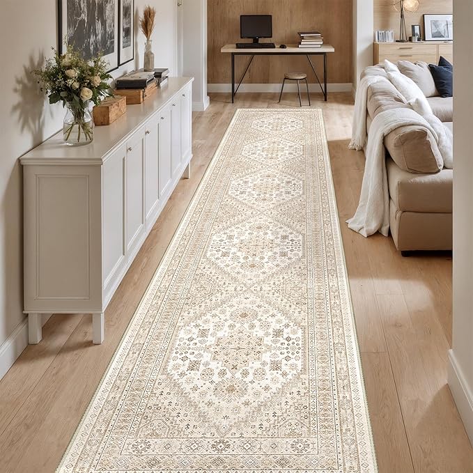 Restydon Washable Runner Rug 2.5x16, Non-Slip Long Kitchen Rugs,Cream/Beige