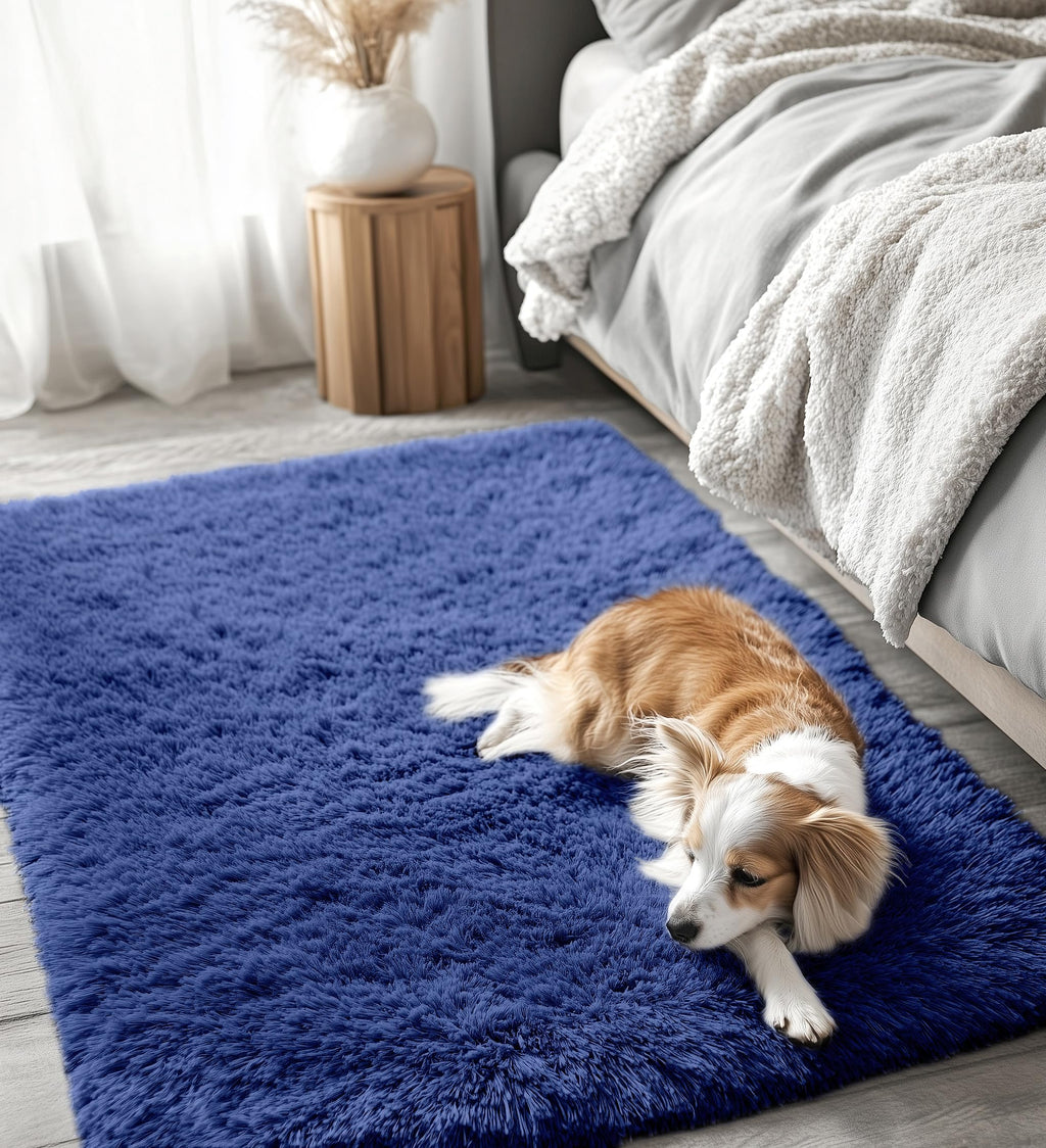 OLANLY 3x4 Machine Washable Accent Rug, Soft Fluffy Shaggy Area Rug for Bedroom, Living Room, Indoor Floor Carpet for Kids, Nursery, Home Decor, Navy Blue