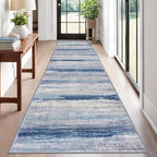 KOZYFLY Modern Abstract Washable Rug Runner 2.6x12 Hallway Rug Runner Non-Slip Soft Kitchen Runner Rugs, Blue/Grey/Beige Striped Carpet for Entryway Bathroom Laundry Room Foyer