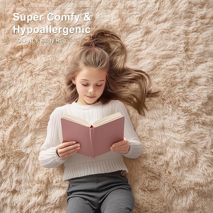 OLANLY 4x9 Area Rugs for Living Room Bedroom, Machine Washable Soft Fluffy Shaggy Bedside Rug, Indoor Floor Carpet for Kids Girls and Boys, Dorms, Nursery Rooms, Home Decor Aesthetic, Beige
