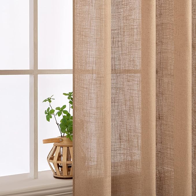 MIULEE Brown Linen Curtains 90 Inches Long for Bedroom Living Room, Soft Thick Linen Textured Window Drapes Semi Sheer Light Filtering Back Tab Rod Pocket Burlap Look Farmhouse Decor, 2 Panels Set