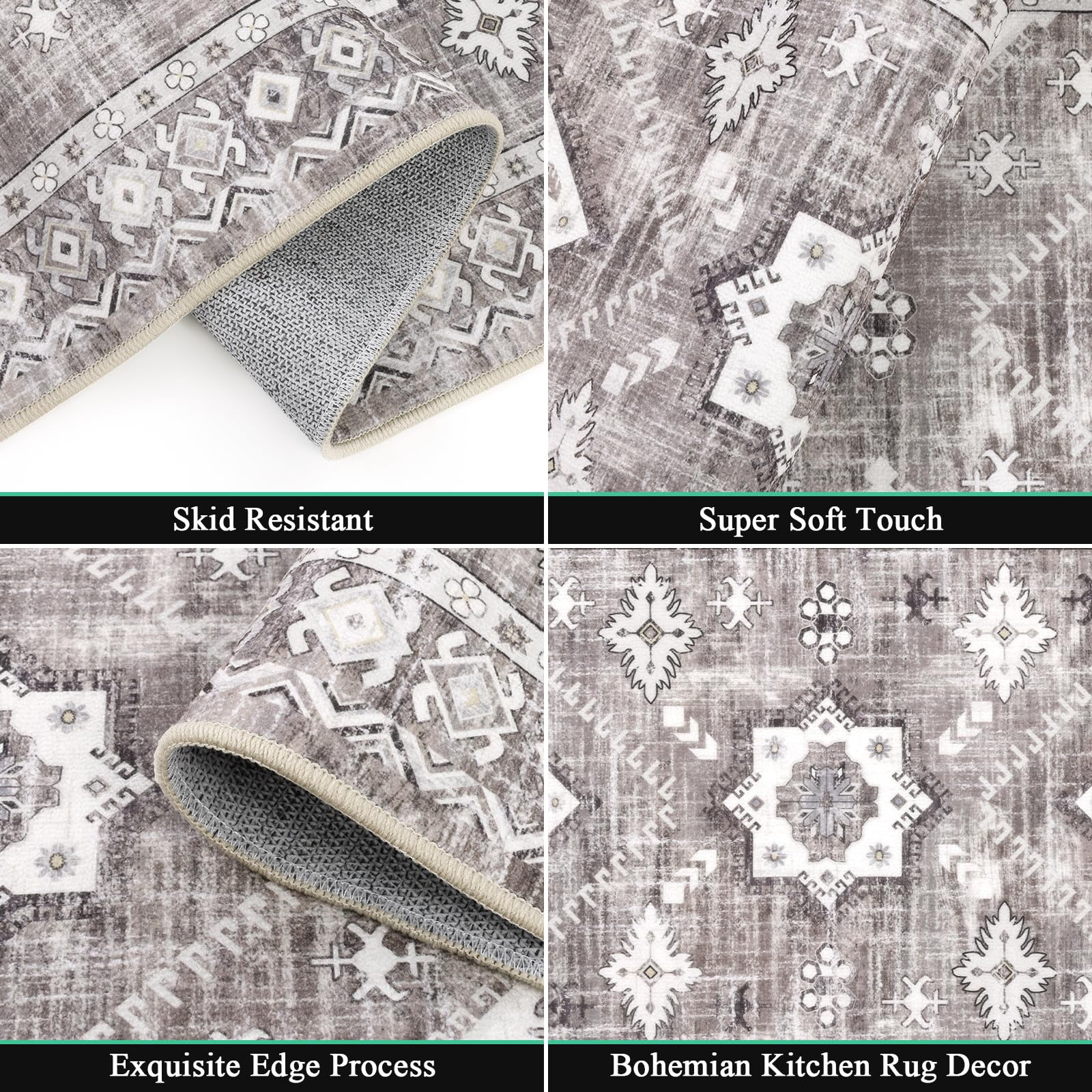HEBE Boho Kitchen Rugs Set of 3, Non Slip Washable Kitchen Mats for Floor