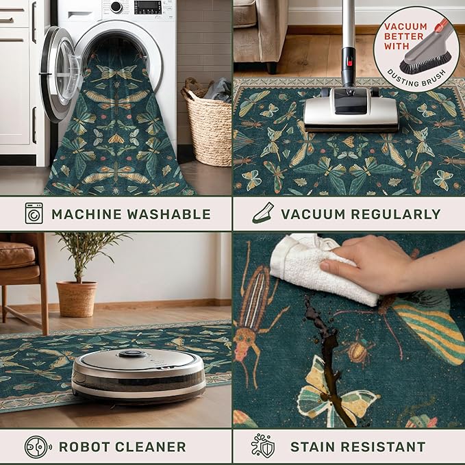Teal 3x4 Entryway Rug - Washable Door Rug Indoor for Large Kitchen, Living Room, Thin & Foldable Low Pile Insect Décor