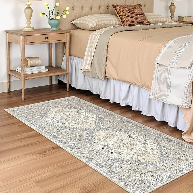 Runner Rug 2x6, Ultra-Thin Entryway Rug Non Slip Washable Rugs for Laundry Room, Runners for Hallways, Vintage Soft Rugs for Living Room, Kitchen, Bedroom(Beige,2'x6')