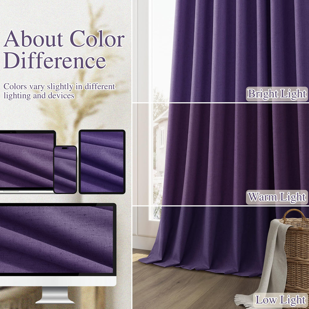 Guken 100% Blackout Curtains 84 Inch Length 2 Panels Set for Living Room Bedroom Back Tab Thermal Insulated Black Out Linen Drapes Room Darkening New Purple,52x84