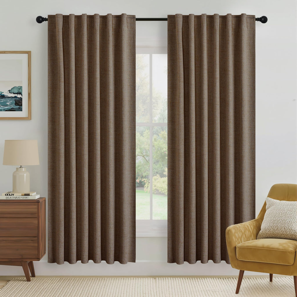 RYB HOME Brown 100% Blackout Linen Curtains 72 Inch Long for Bedroom
