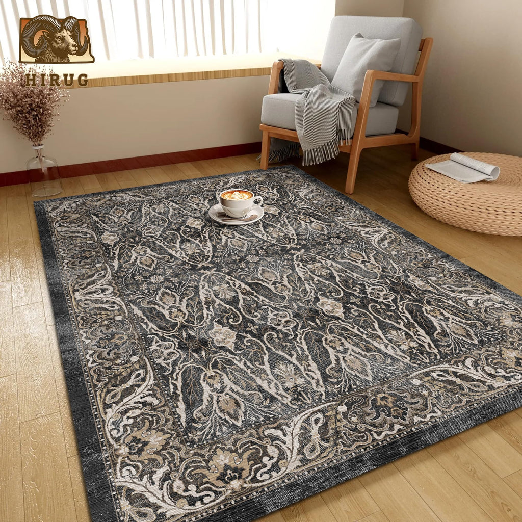Washable Area Rug 8' x 10' Vintage Traditional Persian Mat - Foldable Distressed Non-Slip Machine Washable Carpet for Living Room Bedroom Kitchen Home Decor - Ebony and Taupe