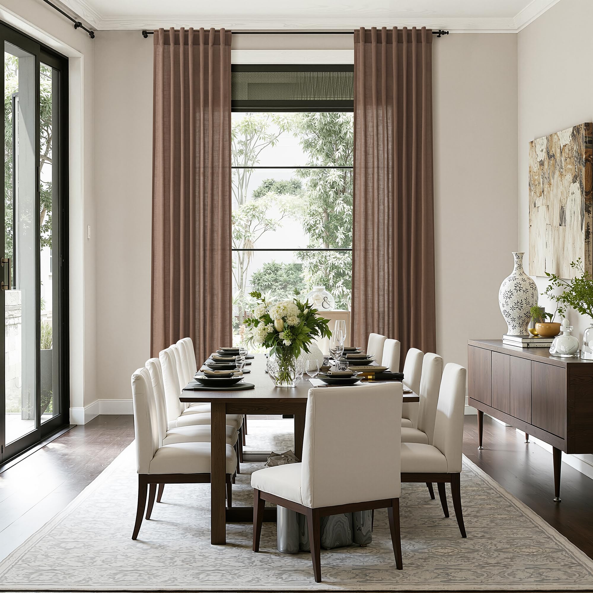 Caramel Brown Linen Curtains for Living Room Extra Long 144 Inches Long Back Tab Light Filtering Semi Sheer Curtain Vintage Rustic Decor Floor to Ceiling High Window for Bedroom 52x144, 2 Panels