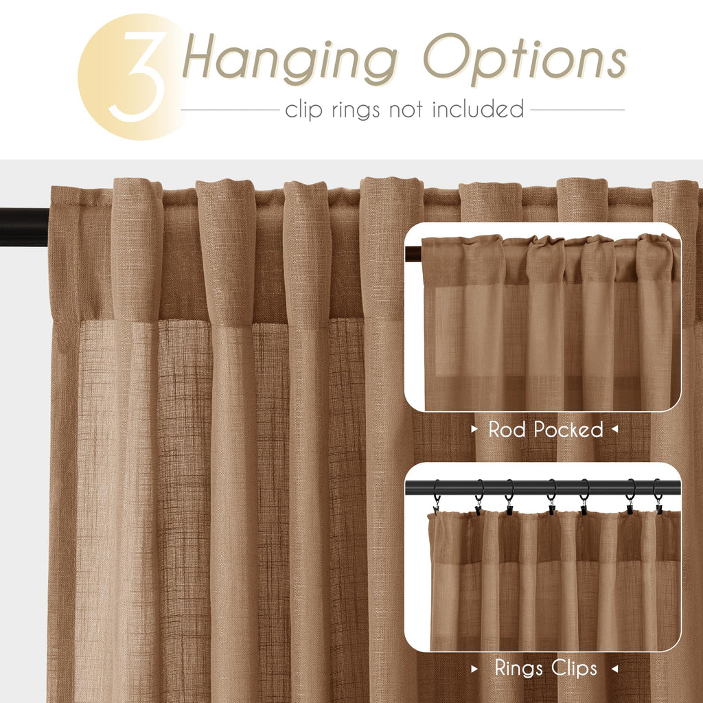 Jolilight Brown Curtains for Living Room Back Tab Modern Farmhouse Semi Sheer Curtains 108 inches Long 2 Panels Set Muted Neutral Window Curtain for Dining Room Bedroom 52x108