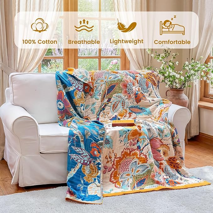 MSGKV Boho Throw Blanket 90"x90" Floral Cotton Blanket for Bed Spring Breathable Lightweight Farmhouse Queen Blankets Home Decor Muslin All Seasons
