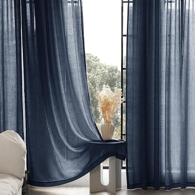 Navy Blue Curtains 120 inch Length for Bedroom Back Tab Light Filtering Semi Sheer Blue Living Room Curtains Linen Cotton Textured Indigo Blue Drapery Panel Modern Aesthetic Decor 42" Wx120" L