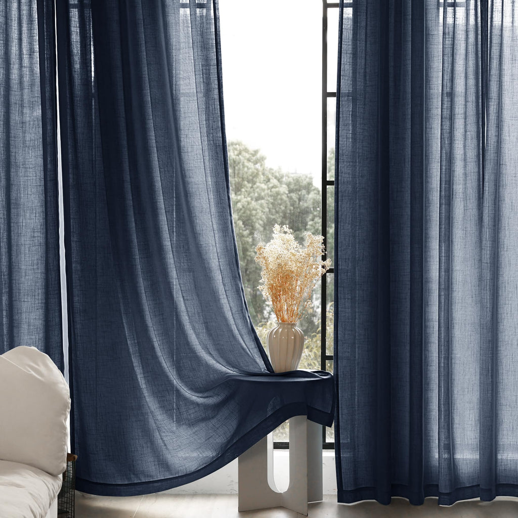 Navy Blue Curtains 94 inch Length for Bedroom Back Tab Light Filtering Semi Sheer Blue Living Room Curtains Linen Cotton Textured Indigo Blue Drapery Panel Modern Farmhouse Aesthetic Decor Dark Blue
