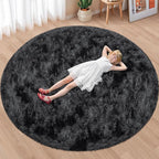 7x7 ft Tie Dye Black Round Rug for Bedroom Room Fluffy Circle Rug Furry Carpet Shaggy Circular Fuzzy Washable Non-Slip Large Area Rug Soft Indoor for Living Room Cute Aesthetic Home Decor