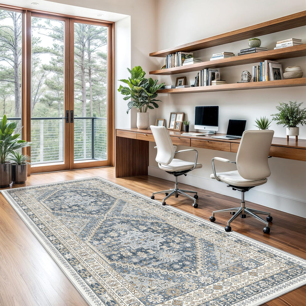 Restydon 3x8 Runner Rug Non Slip Washable Rugs for Entryway, Blue/Beige