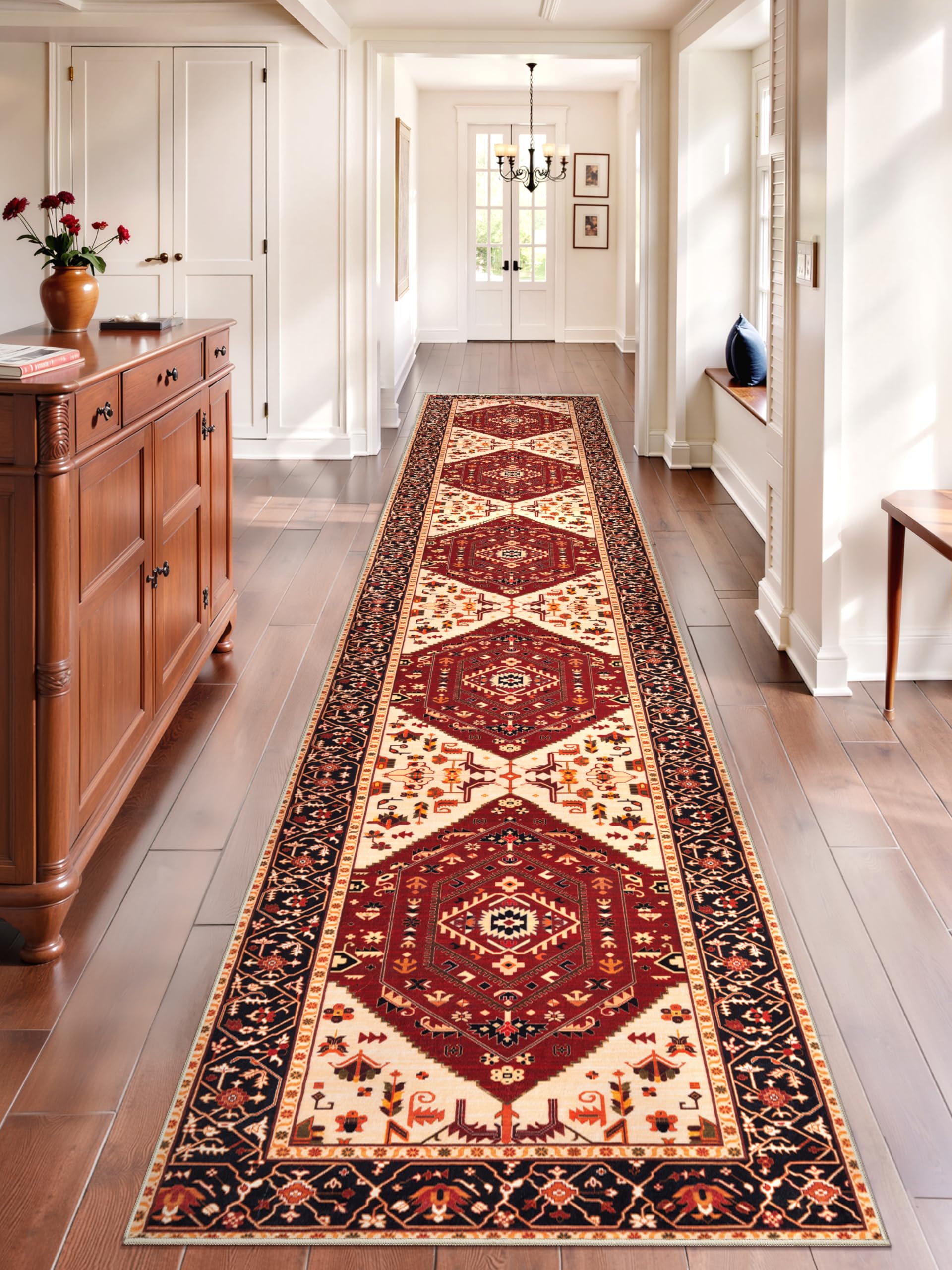 SERISSA 2'6"x14' Washable Non Slip Boho Runner Rug for Hallway，Red Black