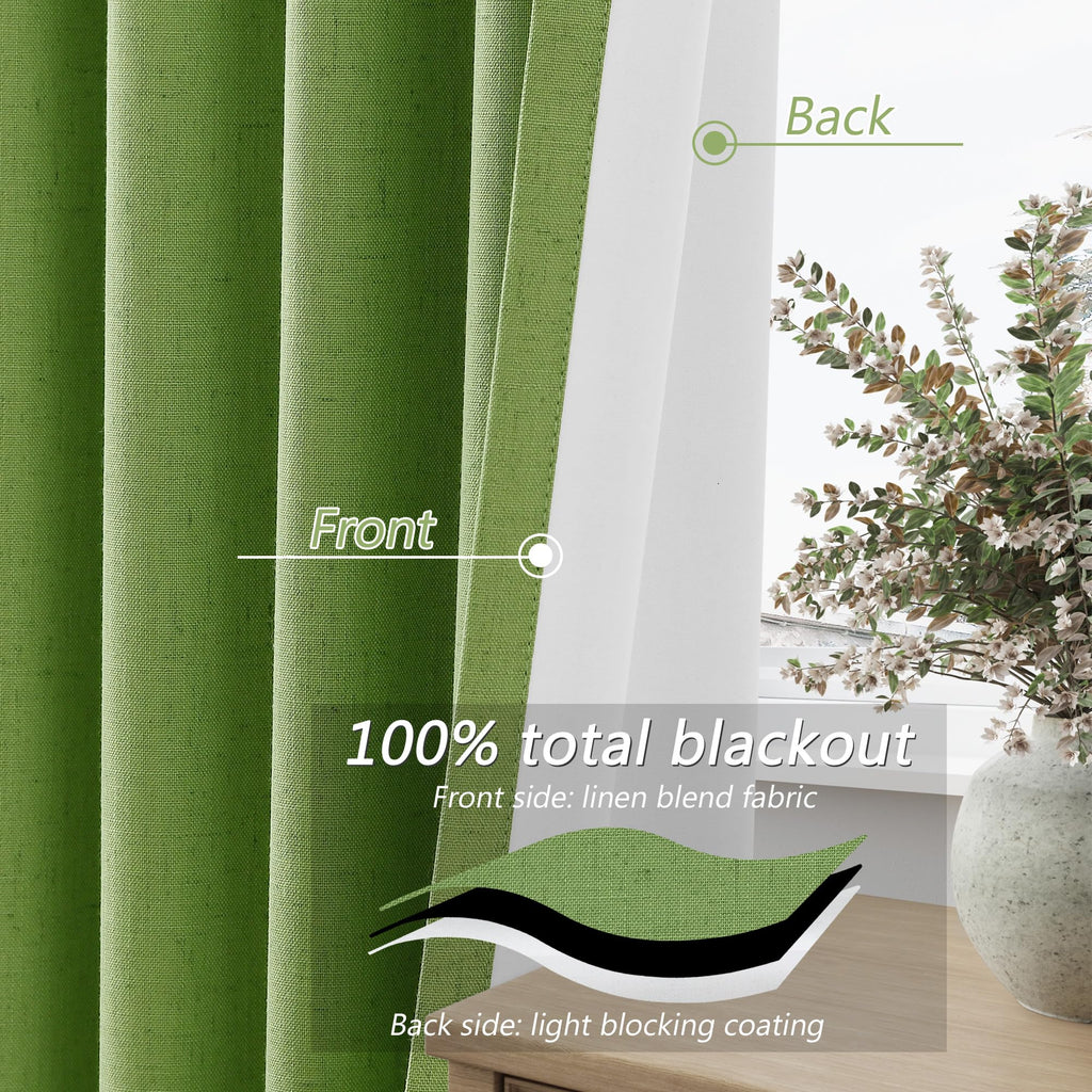Guken 100% Blackout Curtains 84 Inch Length 2 Panels Set for Living Room Bedroom Back Tab Thermal Insulated Black Out Linen Drapes Room Darkening Lime Green,52x84