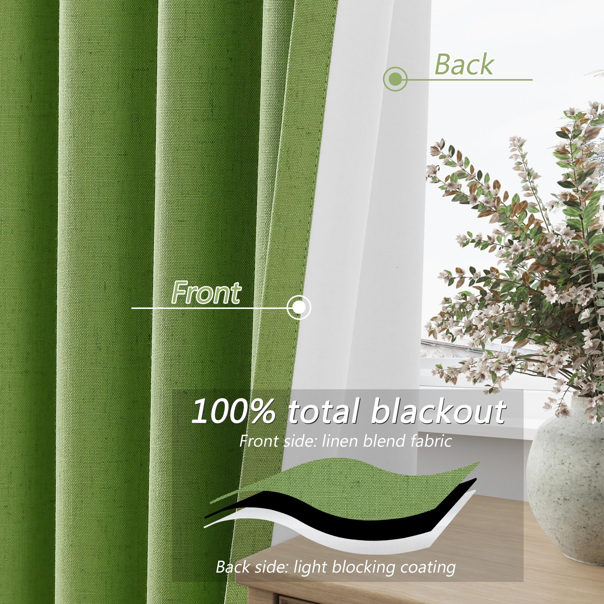 Guken 100% Blackout Curtains 84 Inch Length 2 Panels Set for Living Room Bedroom Back Tab Thermal Insulated Black Out Linen Drapes Room Darkening Lime Green,52x84