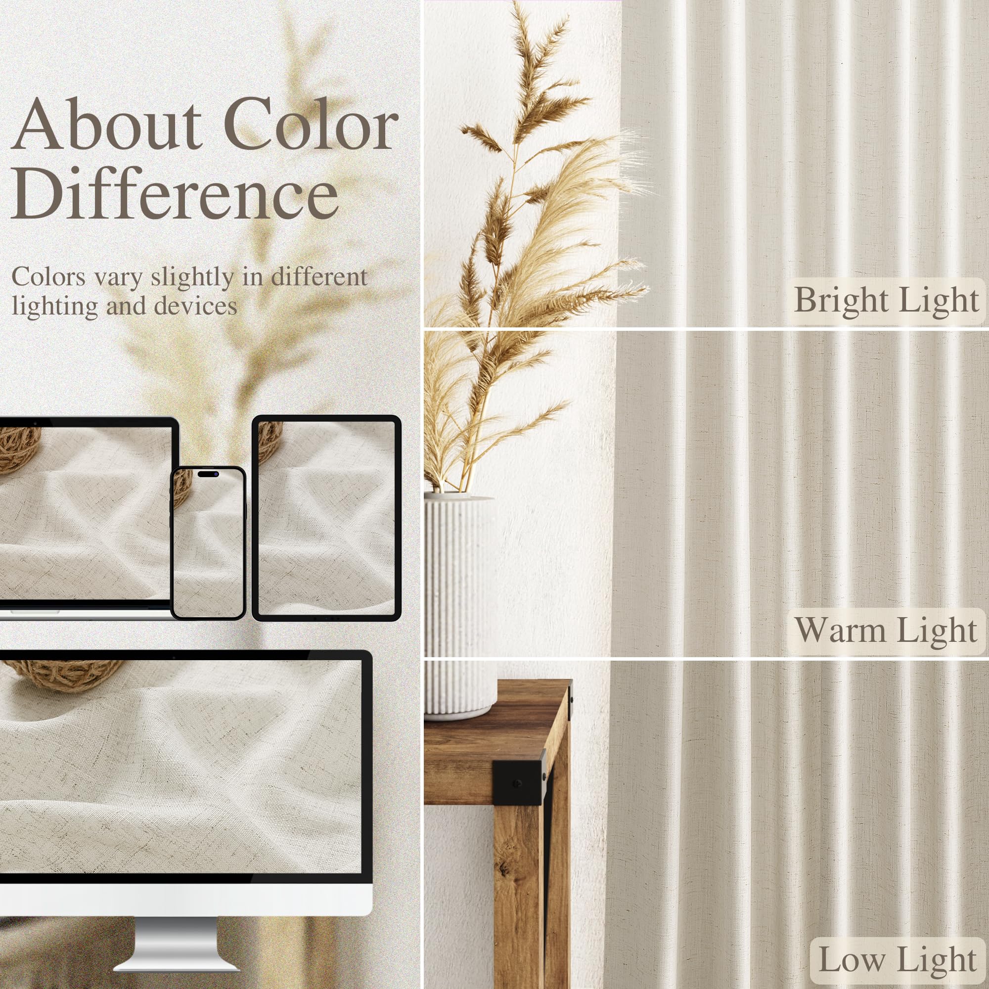 Nanspring Mousse White Linen Curtains for Living Room 108 Inches Long Simple Modern Light Filtering Semi Sheer Curtain Back Tab Coastal Decor Floor to Ceiling High Window for Bedroom 52x108, 2 Panels