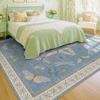 Hazo Haus Insect Light Blue Rug for Living Room - 9x12 Cute Rugs for Bedroom, Moth Floral Boho Design, Low Pile Stain Resistant Washable, Perfect for High Traffic Area