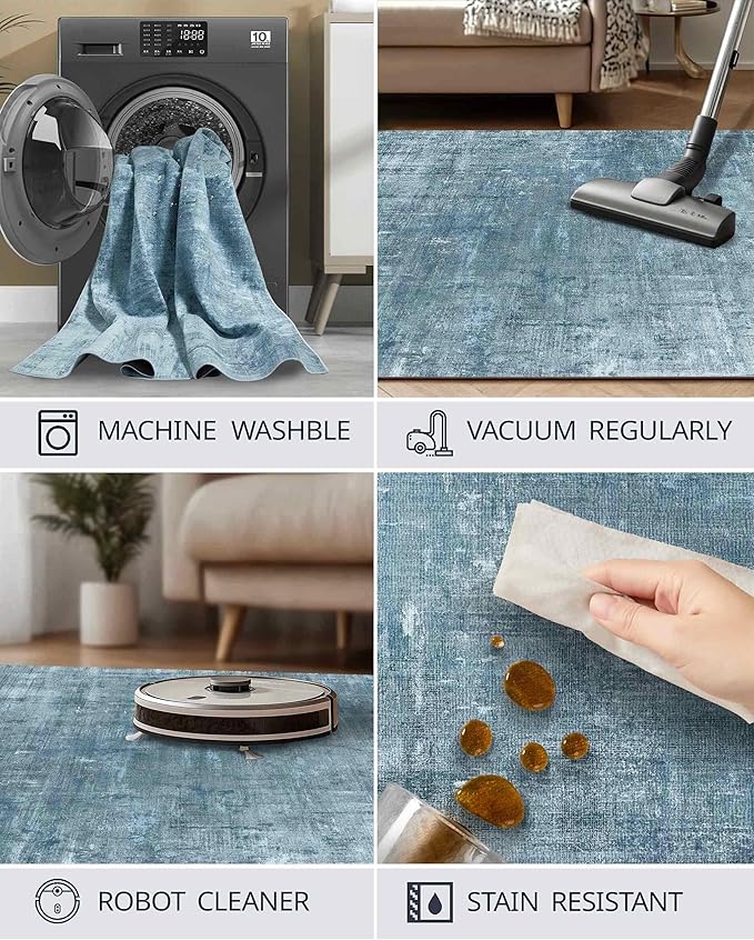 Latte&Fog 8x10 Area Rugs for Living Room, Large Blue Modern Abstract Washable Rug, Boho Non Slip Low Pile Carpet for Indoor Bedroom Dining Room, Office, Dorm, Classroom, Farmhouse and Kids Room - Blue