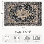 Area Rugs 5x7 Vintage Rug: Washable Living Room Rug Retro Medallion Distressed Large Soft Low Pile Non-Slip Indoor Floor Carpet for Bedroom Kitchen Nursery Dining Table Office (BeigeBlack, 5'x7')