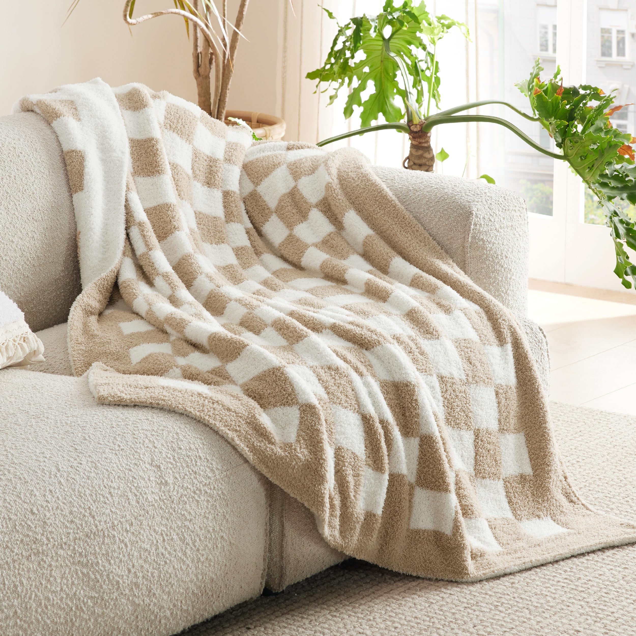 Bedsure GentleSoft Checkered Twin Blanket for Couch, Super Soft Cozy & Warm Knit Throw Blanket, Lightweight & Fluffy Plaid Blankets for Bedding, Sofa, Gifts for Women Men, Beige, 60x80 Inches