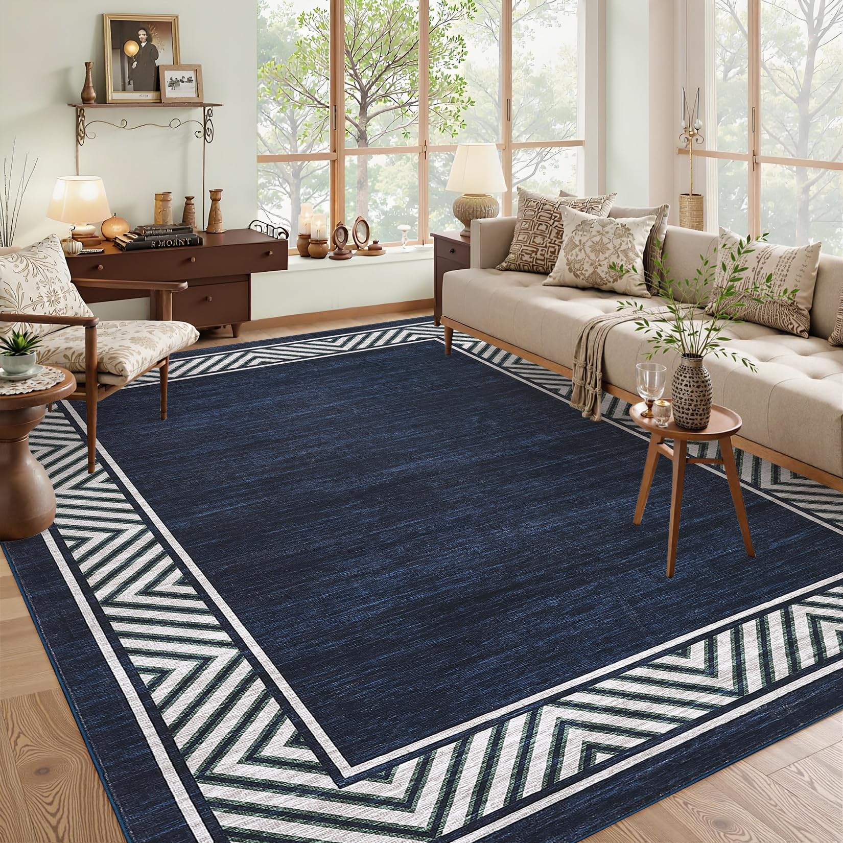 GarveeHome Bordered Bedroom Rugs 5x7 Ultra-Soft Indoor Carpet, Non-Slip Modern Geometric Living Room Rug, Stain-Resistant Neutral Accent Floor Cover for Dining Room, Nursery, Office, Navy Blue