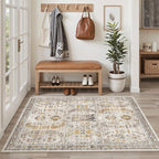 Madane Area Rug 3x5, Washable Entryway Rugs Printed Vintage Rugs for Bedroom Non Slip Indoor Kitchen Runner for Living Room Laundry Room Playroom Soft Non-Slip Floor Carpets, Brown/Gold