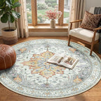 RELEANY Washable Area Rug, Round 4ft, Beige/Carbon Grey/Orange