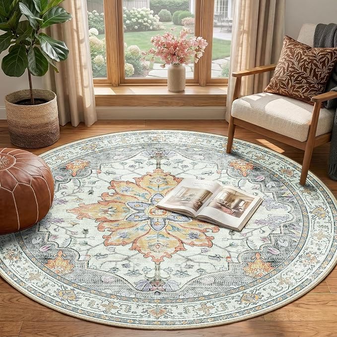 RELEANY Washable Area Rug, Round 4ft, Beige/Carbon Grey/Orange